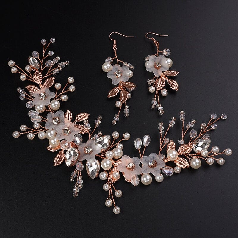 3 PC Bride Flower Pearl Gem Hair Jewelry Set, Rhinestone Crystal Boho Wedding Hair Vine Gold Headpiece, Bridal Headband and Earrings Set - KaleaBoutique.com