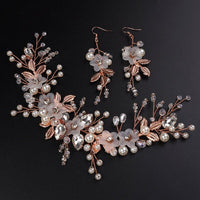 3 PC Bride Flower Pearl Gem Hair Jewelry Set, Rhinestone Crystal Boho Wedding Hair Vine Gold Headpiece, Bridal Headband and Earrings Set - KaleaBoutique.com