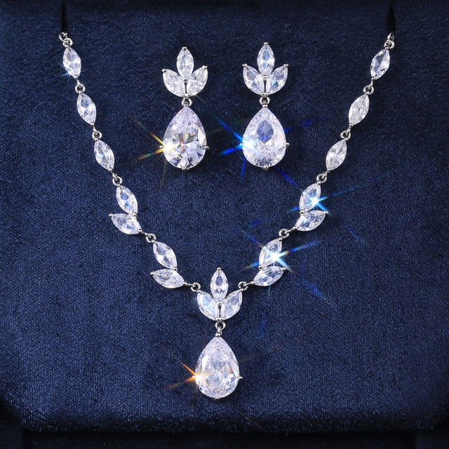 Wedding Gem Necklace and Stud Earrings 3 PC Jewelry Set, Bride 14K Gold Copper Crystal Necklace - KaleaBoutique.com