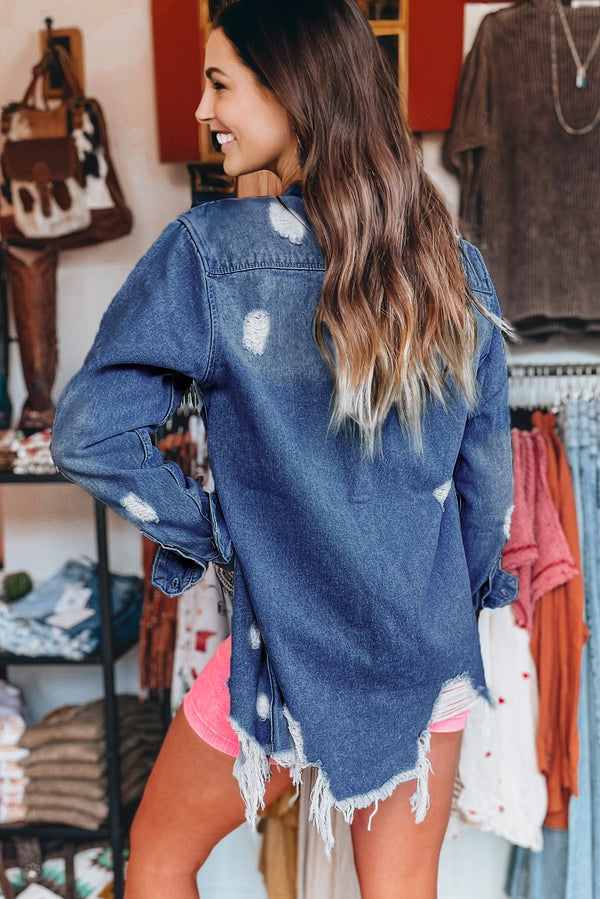 Light Wash Distressed Frayed Long Denim Jacket - KaleaBoutique.com