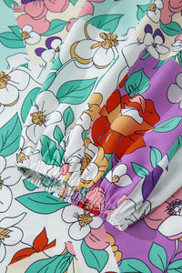 KaleaBoutique Stylish Floral Print Patchwork Frilly Neckline Long Sleeve Shirt - KaleaBoutique.com