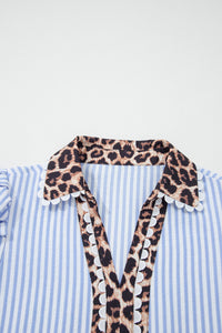 KaleaBoutique Ricrac Trim Short Puff Sleeve Leopard Patchwork Collar V Neck Blouse - KaleaBoutique.com