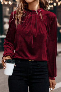 KaleaBoutique Stylish Asymmetric Button Keyhole Neck Long Sleeve Velvet Blouse - KaleaBoutique.com