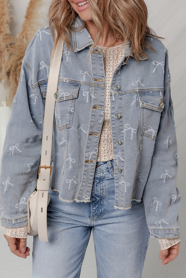 Bow Knot Print Light Wash Raw Hem Denim Jacket - KaleaBoutique.com