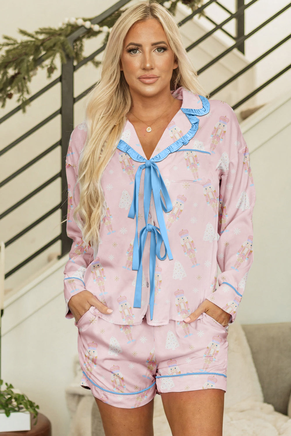 KaleaBoutique Stylish Bow Tie Front Christmas Nutcracker Long Sleeve Shirt Shorts Pajama Set - KaleaBoutique.com