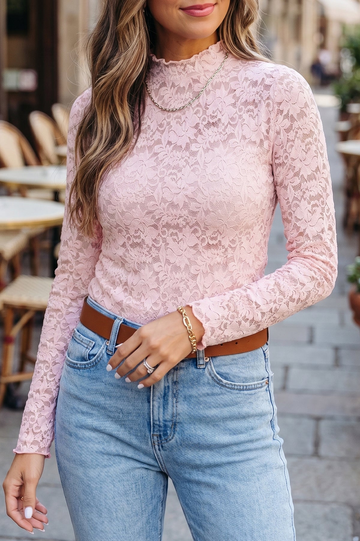 KaleaBoutique Stylish Floral Lace Long Sleeve Stand Neck Pullover Top - KaleaBoutique.com