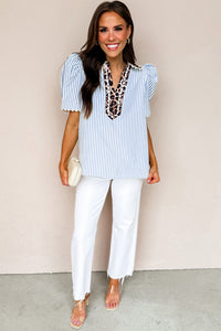 KaleaBoutique Ricrac Trim Short Puff Sleeve Leopard Patchwork Collar V Neck Blouse - KaleaBoutique.com