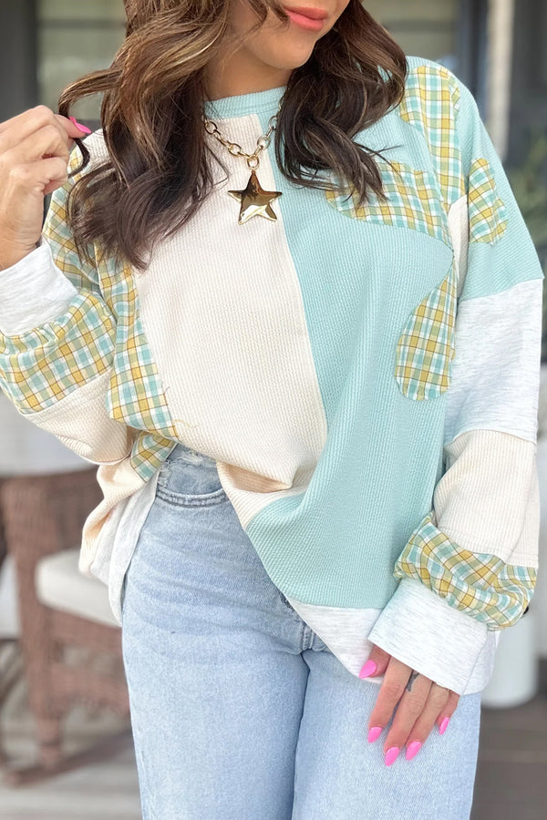 KaleaBoutique Comfortable Plaid Patchwork Round Neck Long Sleeve Top - KaleaBoutique.com