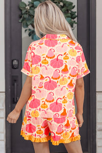 KaleaBoutique Stylish Short Sleeve Pumpkin Print Pocket Placket Shell Button Lounge Set - KaleaBoutique.com