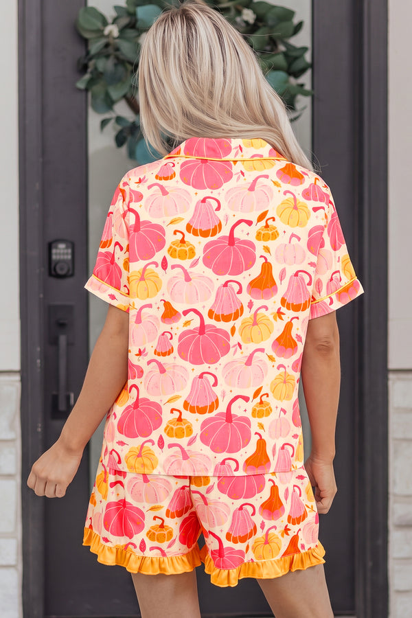 KaleaBoutique Stylish Short Sleeve Pumpkin Print Pocket Placket Shell Button Lounge Set - KaleaBoutique.com