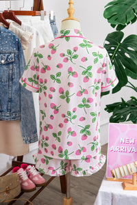 KaleaBoutique Stylish Striped Strawberry Print Lapel Shirt Drawstring Shorts 2pcs Pajama Set - KaleaBoutique.com