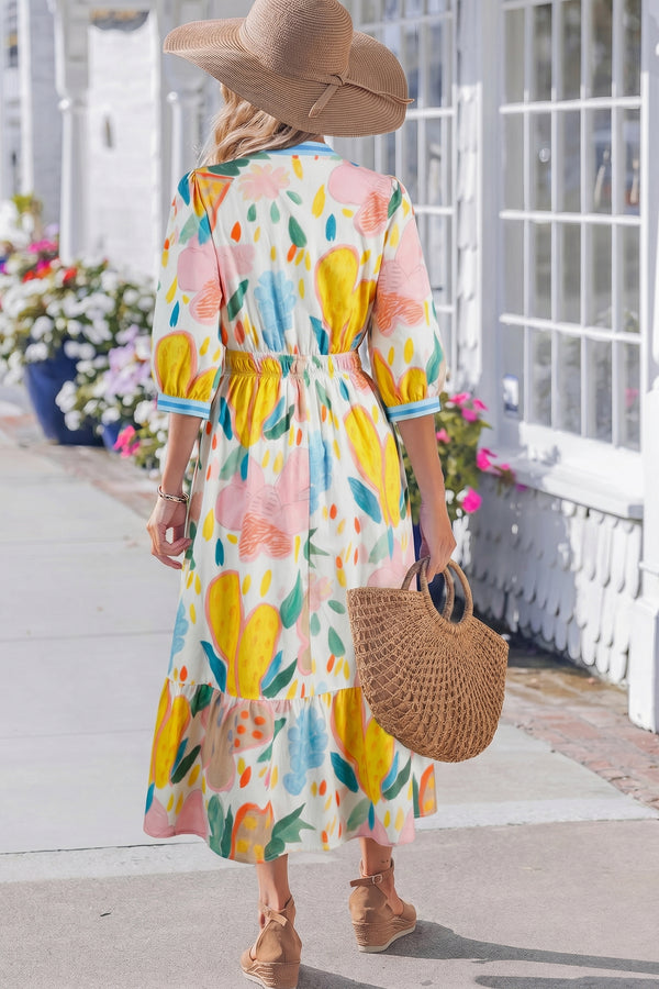 KaleaBoutique Stylish Floral Doodle Print Striped Trim V Neck Midi Dress - KaleaBoutique.com