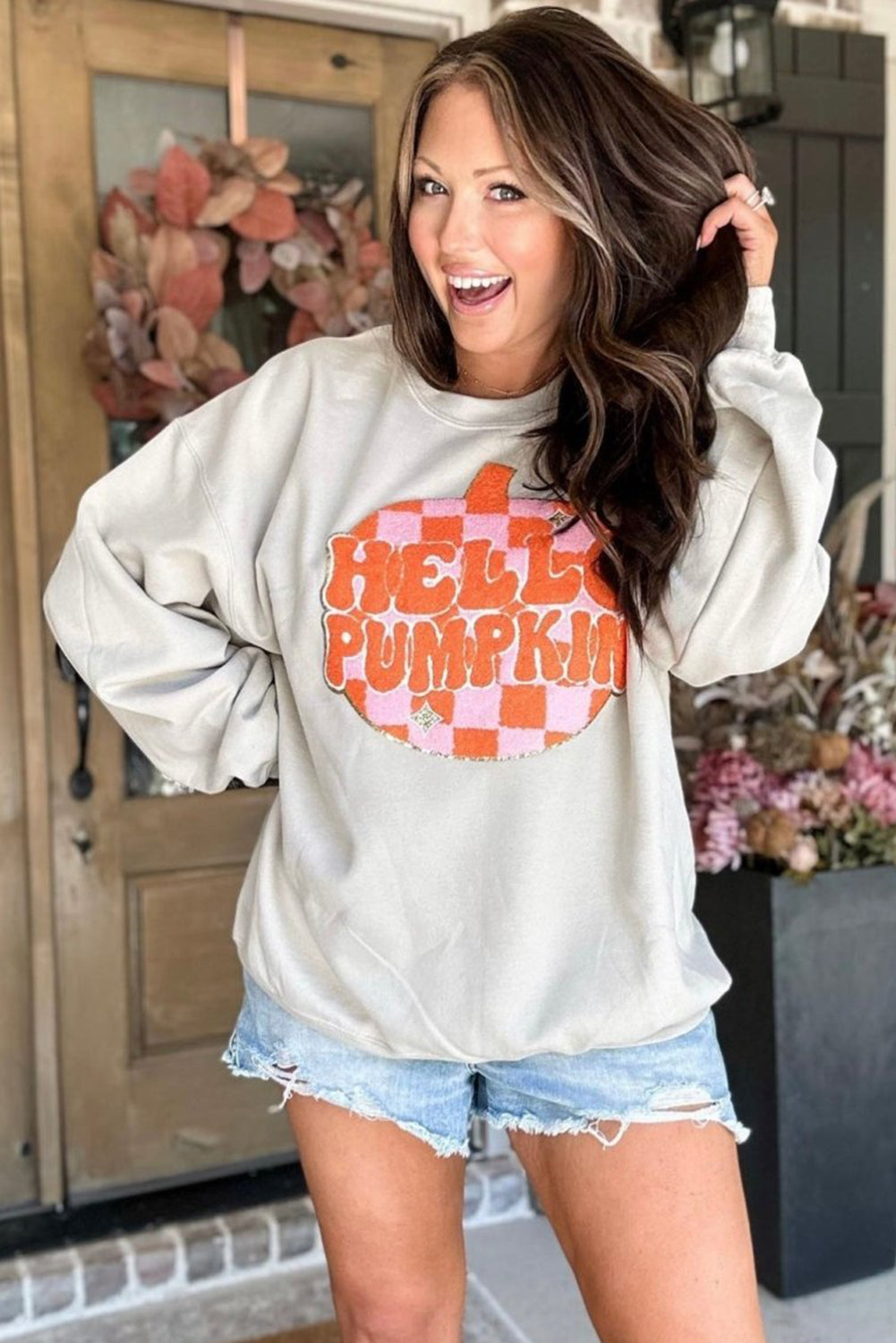 KaleaBoutique Stylish Terry Halloween Pumpkin Patched Pattern Pullover Sweatshirt - KaleaBoutique.com