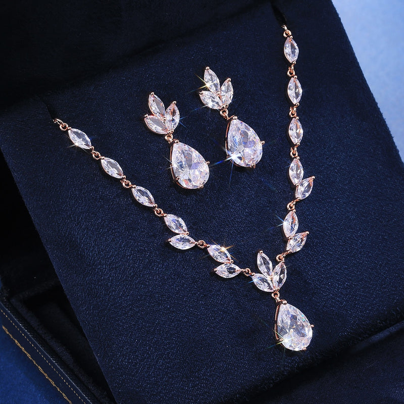 Wedding Gem Necklace and Stud Earrings 3 PC Jewelry Set, Bride 14K Gold Copper Crystal Necklace - KaleaBoutique.com