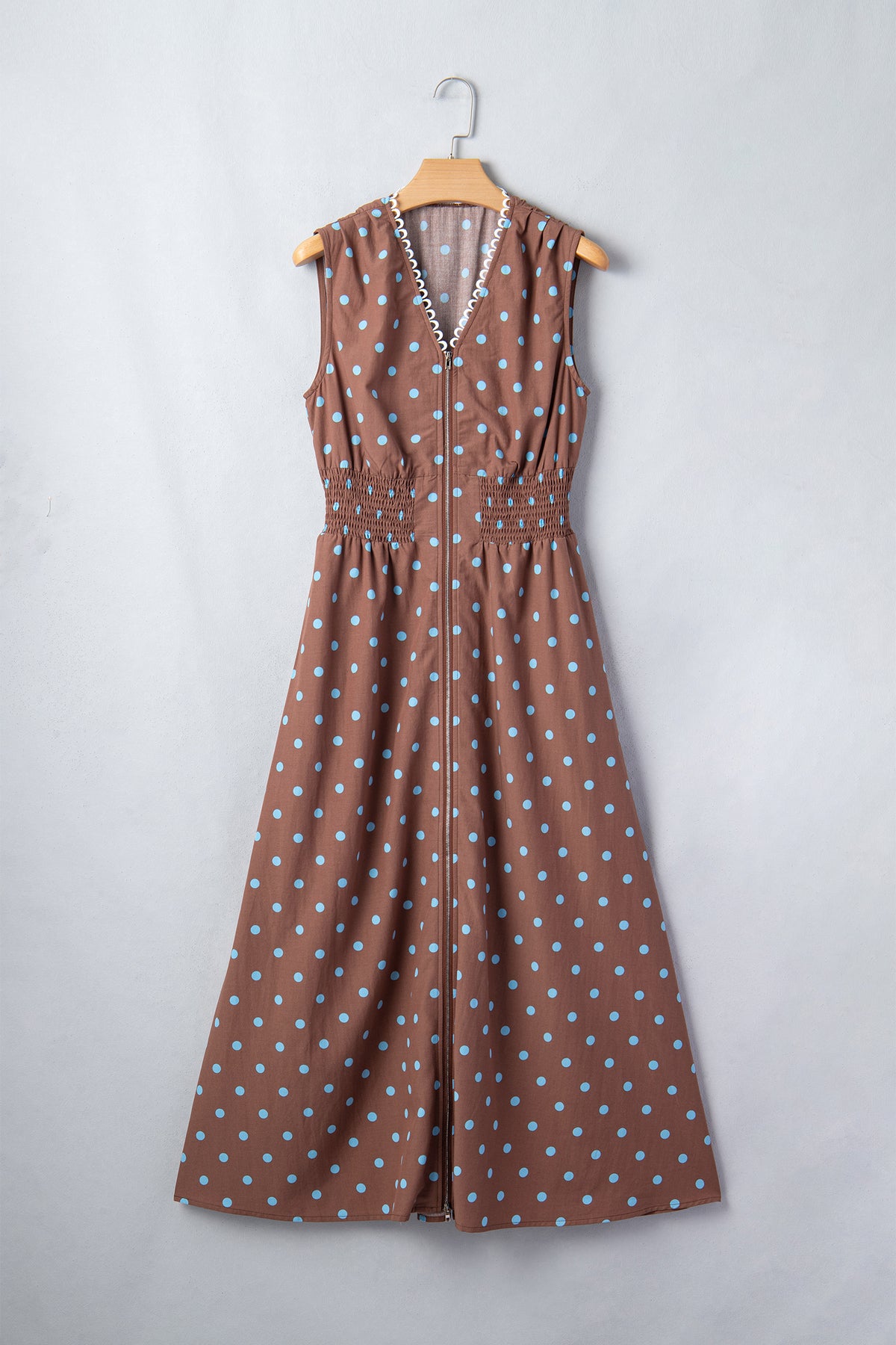 KaleaBoutique Stylish Polka Dot Print Contrast Trim V Neck Zip Up Sleeveless Dress - KaleaBoutique.com
