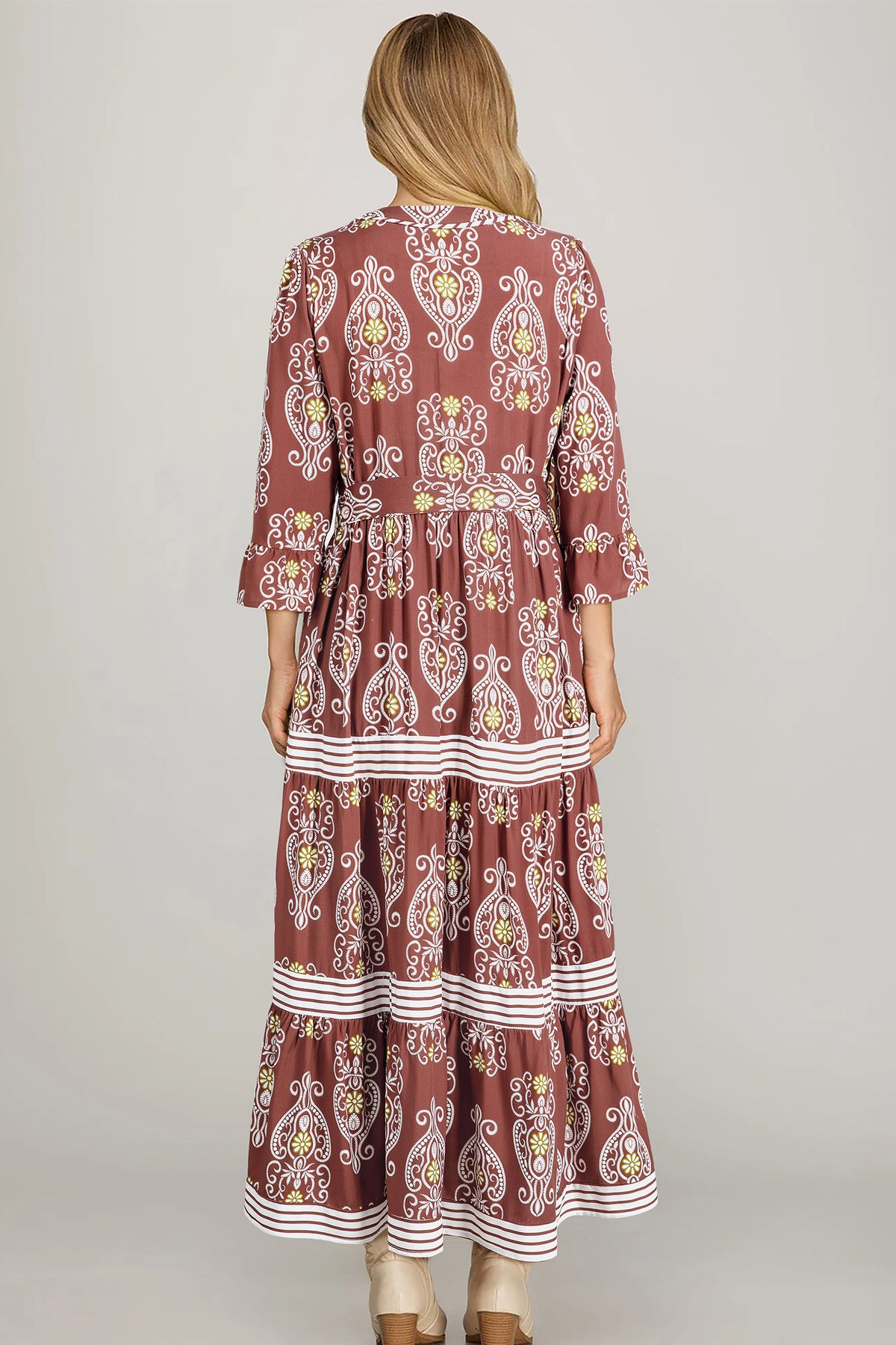 Floral Print Belted Striped Trim Tiered Maxi Dress - KaleaBoutique.com