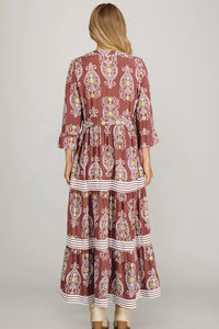 Floral Print Belted Striped Trim Tiered Maxi Dress - KaleaBoutique.com