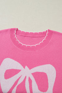 KaleaBoutique Stylish Big Ribbon Bow Print Contrast Stitch Trim Drop Shoulder Sweater - KaleaBoutique.com