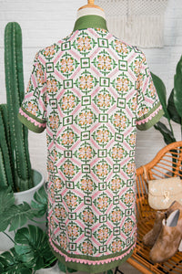 KaleaBoutique Stylish Boho Geometric Flower Print Short Sleeve Loose Mini Dress - KaleaBoutique.com