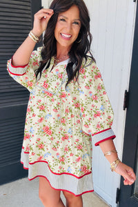 KaleaBoutique Stylish Striped Edge 3/4 Puff Sleeve Floral Dress - KaleaBoutique.com