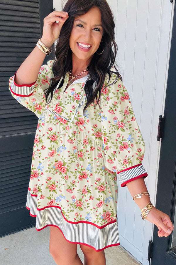 KaleaBoutique Stylish Striped Edge 3/4 Puff Sleeve Floral Dress - KaleaBoutique.com