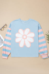 KaleaBoutique Stylish Big Flower Patch Drop Shoulder Striped Long Sleeve Top - KaleaBoutique.com