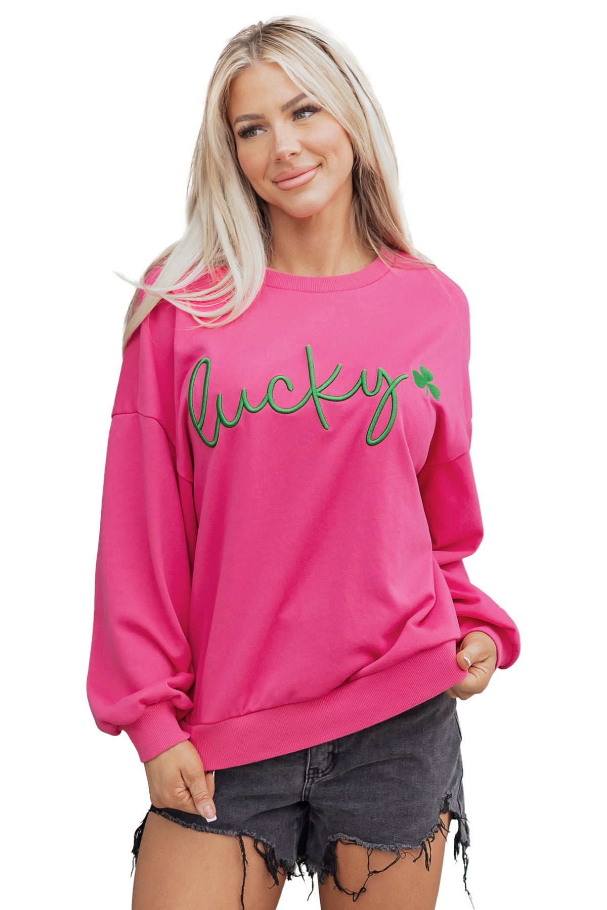 KaleaBoutique Comfortable Lucky Clover Embroidered Loose Pullover Sweatshirt - KaleaBoutique.com