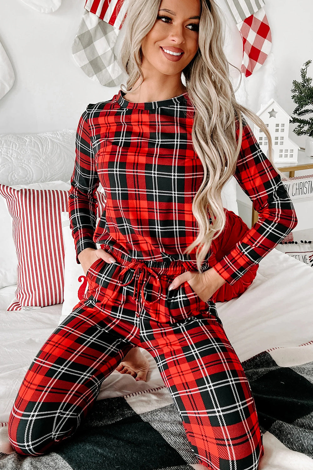 KaleaBoutique Stylish Festive Plaid Print Round Neck Long Sleeve and Pants 2 Piece Lounge Set - KaleaBoutique.com