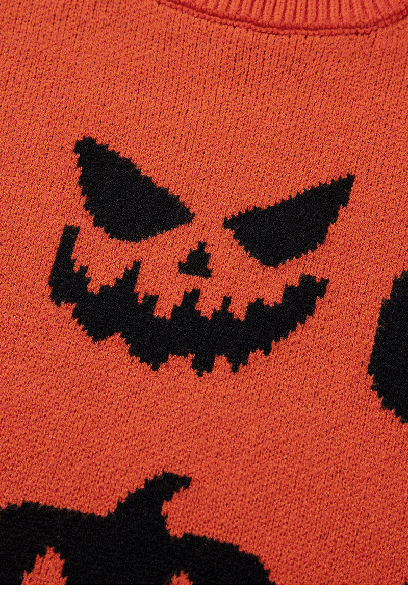 KaleaBoutique Halloween Pumpkin Face Pattern Drop Shoulder Sweater - KaleaBoutique.com