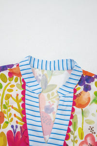 KaleaBoutique Stylish Bright Floral Print Ricrac Trim Striped Patchwork V Neck Dress - KaleaBoutique.com