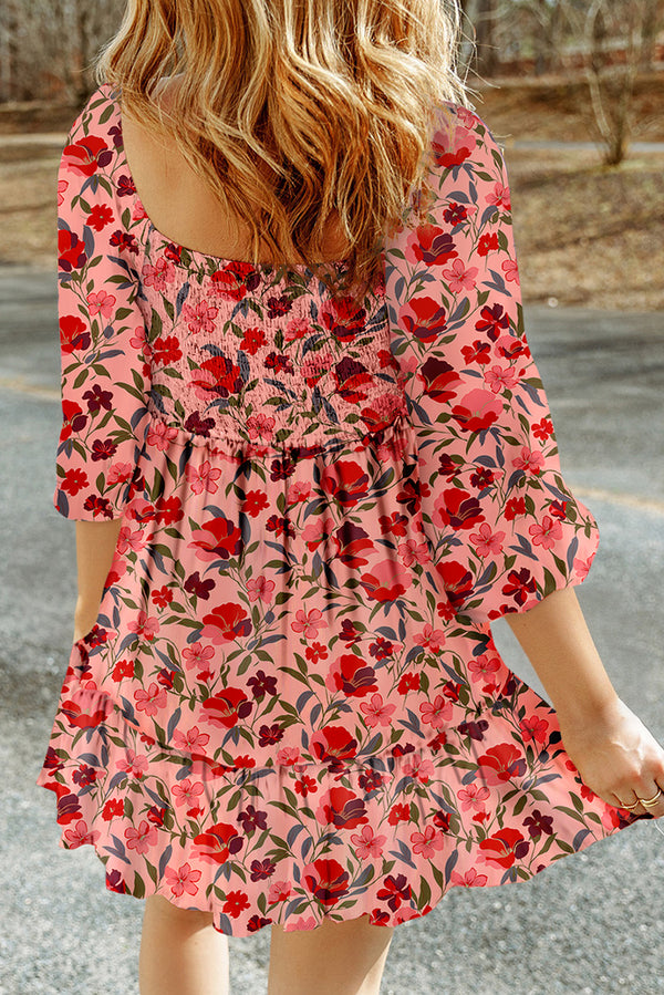 KaleaBoutique Comfortable Floral 3/4 Sleeve Square Neck Smocked Mini Dress - KaleaBoutique.com