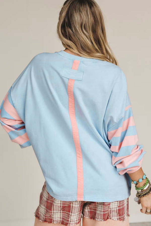 KaleaBoutique Stylish Big Flower Patch Drop Shoulder Striped Long Sleeve Top - KaleaBoutique.com