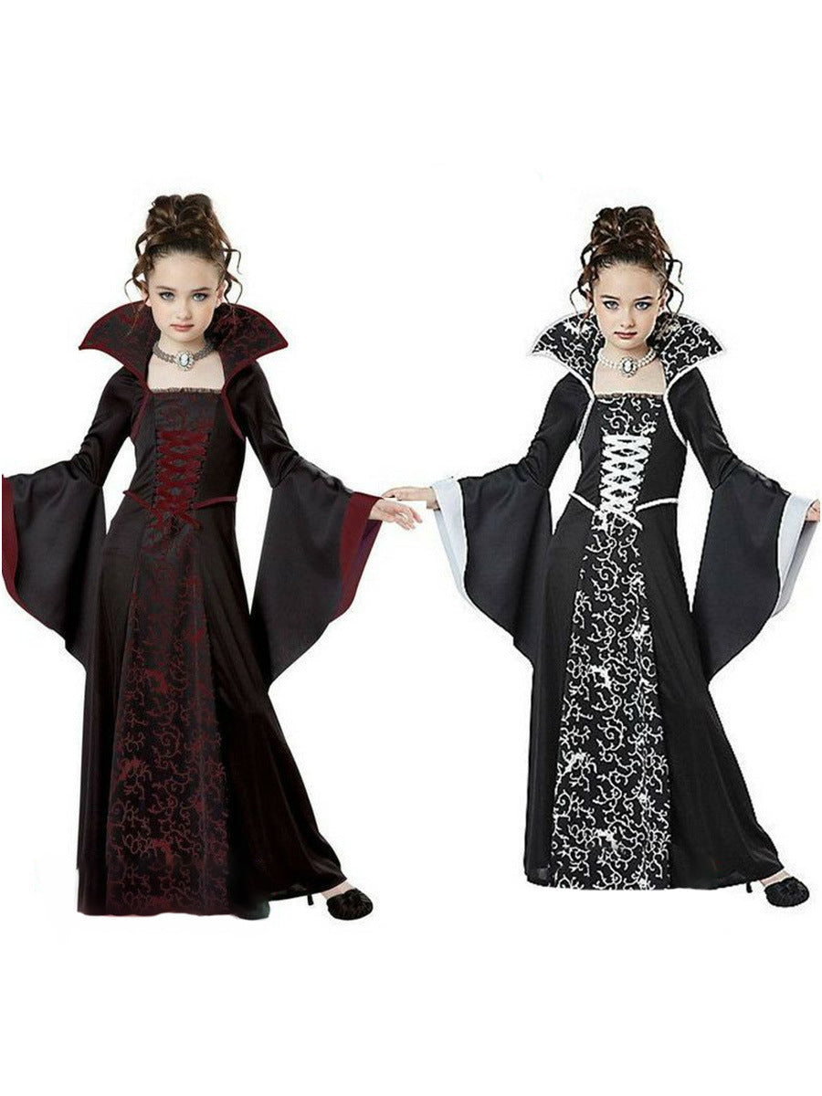 Children's Halloween Costume Witch Retro Lace Up Stand-up Collar Flared Sleeves Printed Maxi Dress - KaleaBoutique.com