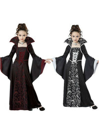 Children's Halloween Costume Witch Retro Lace Up Stand-up Collar Flared Sleeves Printed Maxi Dress - KaleaBoutique.com