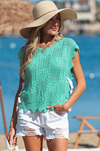 KaleaBoutique Stylish Pointelle Knit Patterned Scalloped Trim Short Sleeve Sweater - KaleaBoutique.com