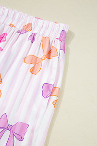 KaleaBoutique Stylish Striped Bow Print Contrast Piping Trim Shirt and Pants 2pcs Pajama Set - KaleaBoutique.com