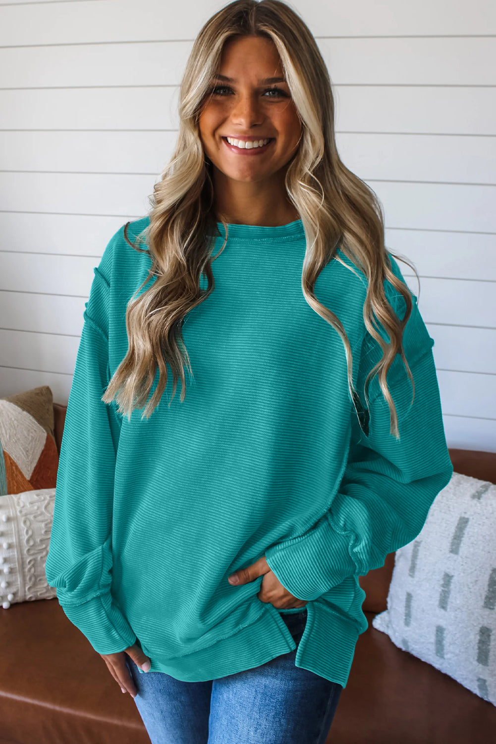 KaleaBoutique Stylish Horizontal Ribbed Exposed Seam Detail Drop Shoulder Baggy Pullover - KaleaBoutique.com