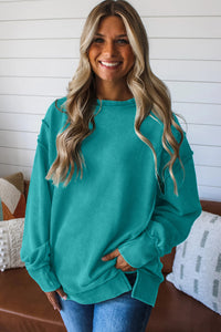 KaleaBoutique Stylish Horizontal Ribbed Exposed Seam Detail Drop Shoulder Baggy Pullover - KaleaBoutique.com