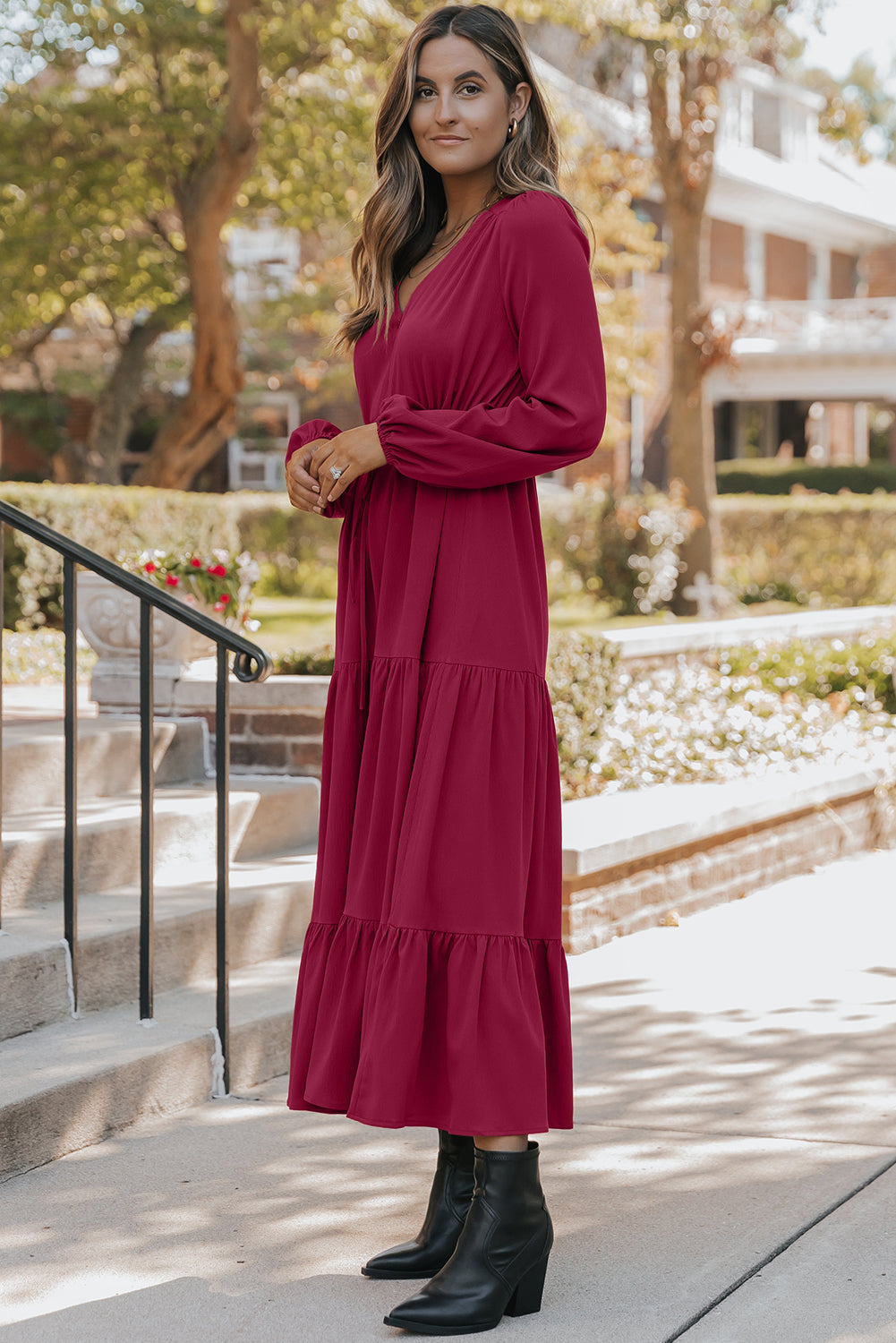 Solid Long Sleeve Button V Neck Tiered Maxi Dress - KaleaBoutique.com