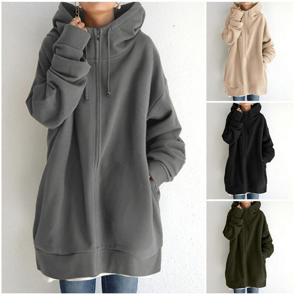 Women's Longline Full-Zip Drawstring Hoodie with Pockets - KaleaBoutique.com