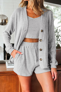 KaleaBoutique Stylish 3 Pieces Rib Crop Camisole Matching Shorts Lounge Set with Cardigan - KaleaBoutique.com
