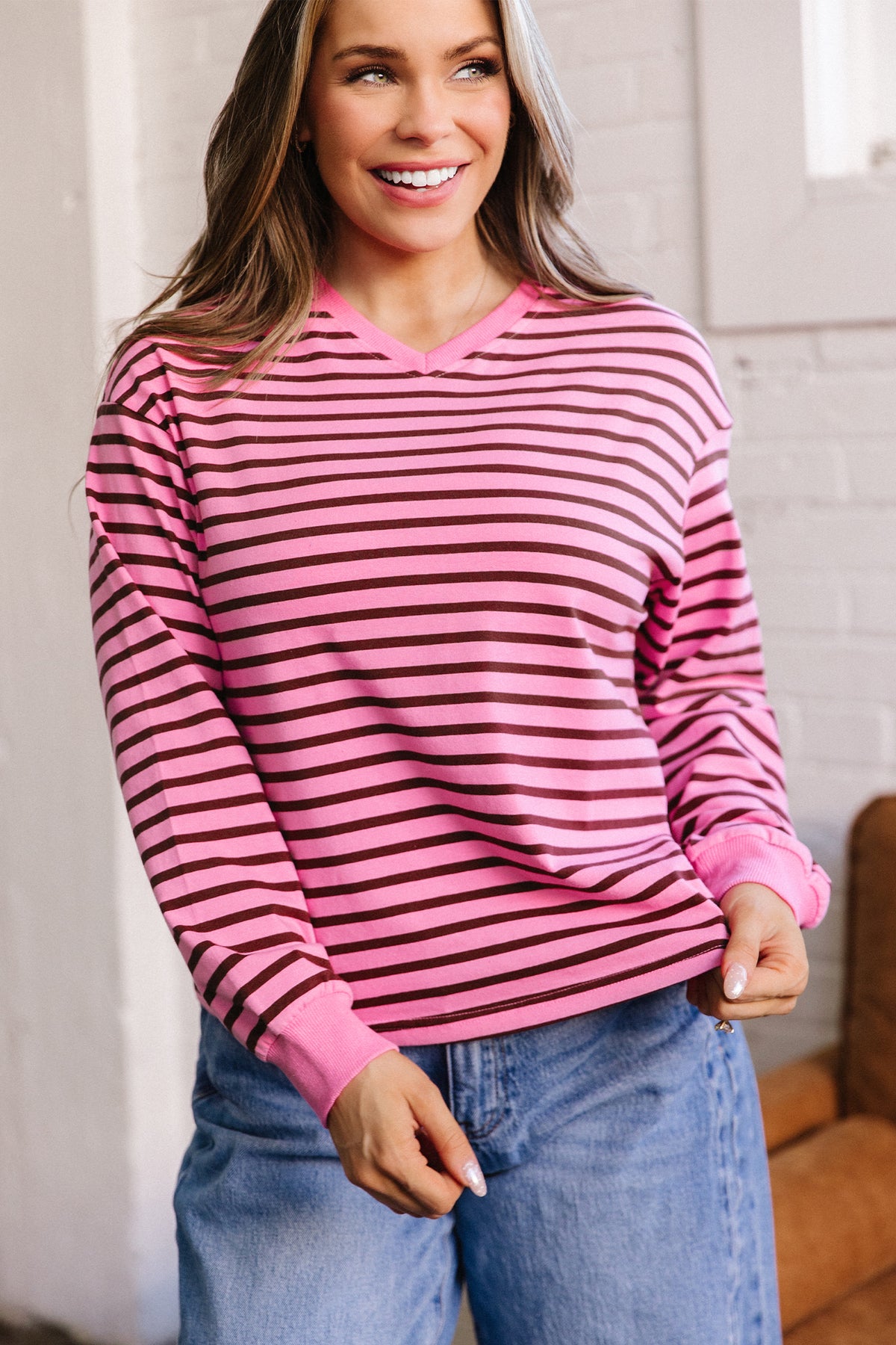 KaleaBoutique Comfortable V Neck Drop Shoulder Long Sleeve Top - KaleaBoutique.com