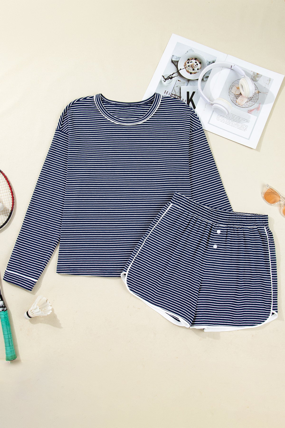KaleaBoutique Stylish Blue Drop Shoulder Round Neck Long Sleeve Tee and Buttoned Shorts 2pcs Lounge Set - KaleaBoutique.com