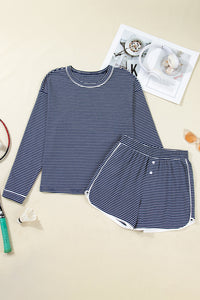 KaleaBoutique Stylish Blue Drop Shoulder Round Neck Long Sleeve Tee and Buttoned Shorts 2pcs Lounge Set - KaleaBoutique.com