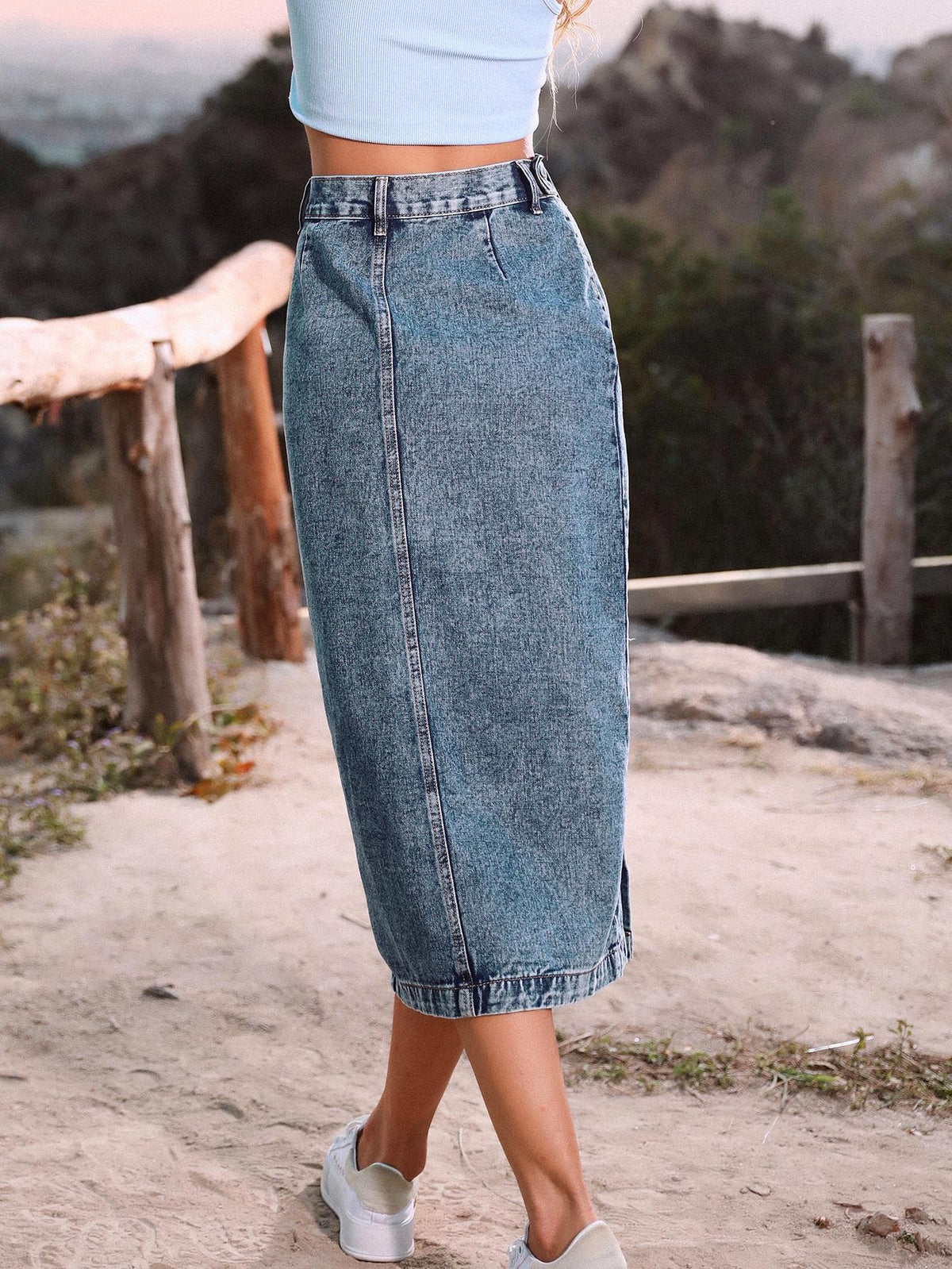 Women's High-Waist Offset-Button Denim Midi Skirt