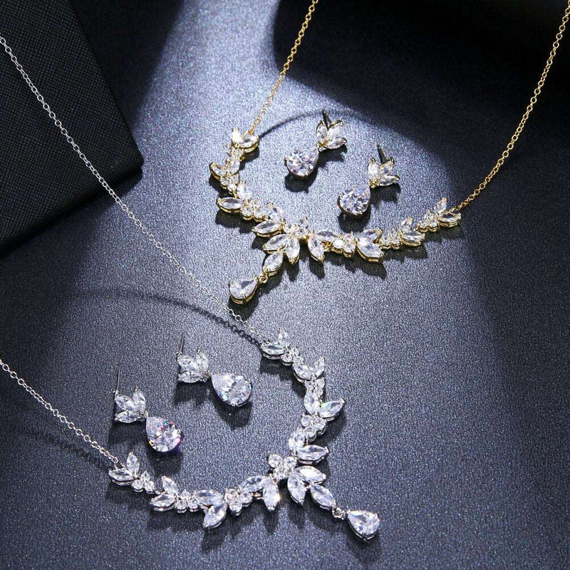 Bridal Diamond Gem Necklace and Earrings Set, Wedding Crystal Necklace Set, 14K Gold or Platinum - KaleaBoutique.com