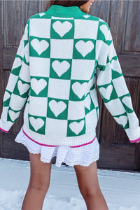 KaleaBoutique Comfortable Plaid Heart Knit V Neck Button Down Sweater Cardigan - KaleaBoutique.com
