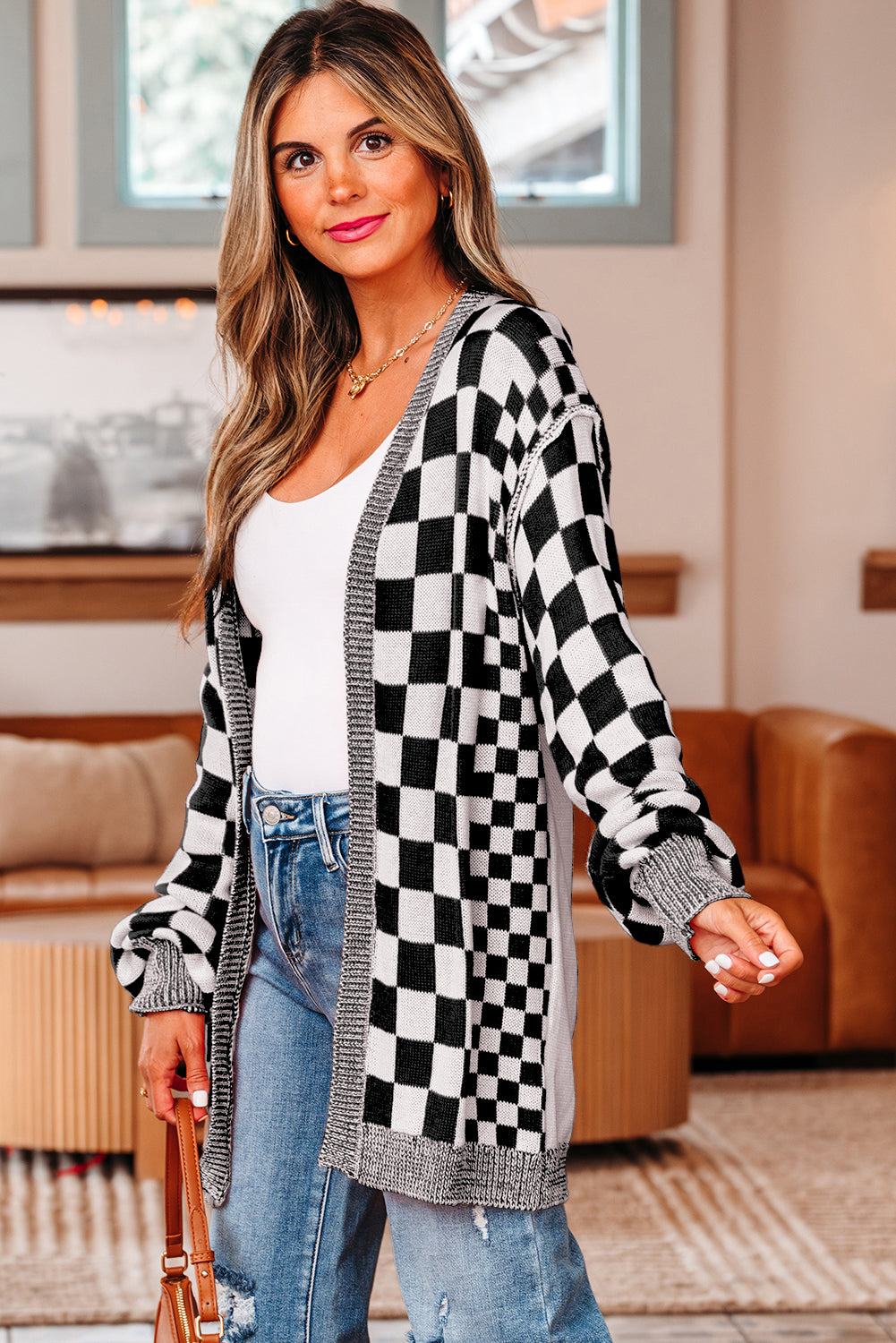 KaleaBoutique Stylish Checkered Open Front Drop Shoulder Cardigan - KaleaBoutique.com