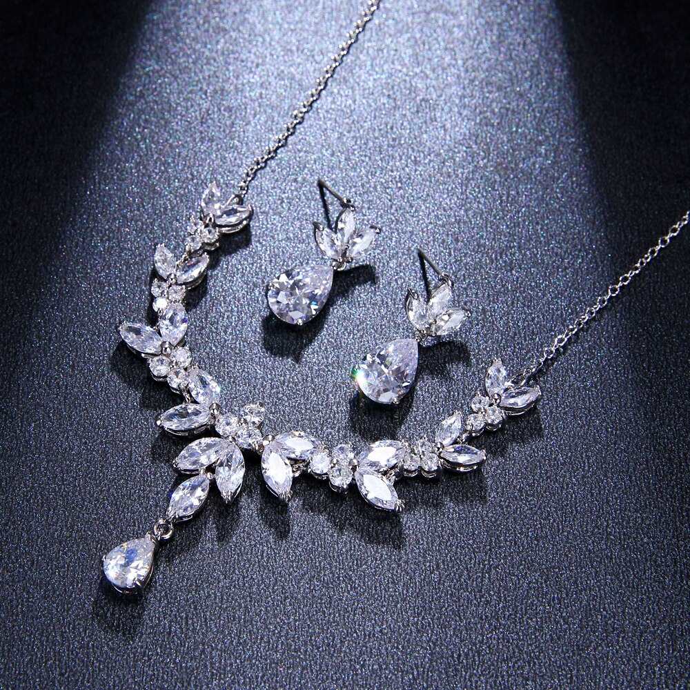 Bridal Diamond Gem Necklace and Earrings Set, Wedding Crystal Necklace Set, 14K Gold or Platinum - KaleaBoutique.com