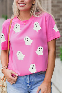 Black Sequin Halloween Ghost Patched Casual T Shirt - KaleaBoutique.com